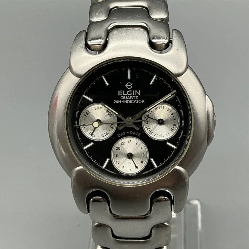 Vtg Elgin Unisex Watch 35mm Black Dial Stainless Multifunction New Battery 6.5